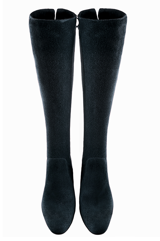 Navy blue women's knee-high boots, with laces at the back. Round toe. Medium block heels. Made to measure. Top view - Florence KOOIJMAN